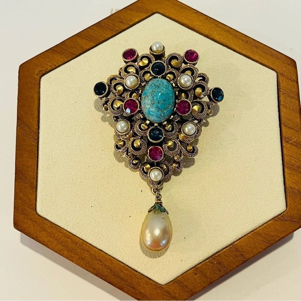 Vintage Gold Tone and Turquoise Brooch with Pearl Drop